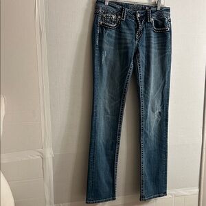 Miss Me Easy Straight Low Rise Heavy Stitched Distressed Denim Jeans Sz 28